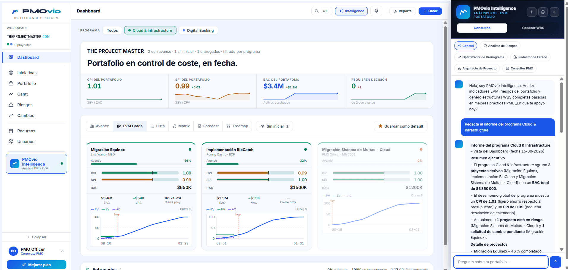 Dashboard de PMOvio con CPI y SPI del portafolio, tarjetas EVM por proyecto y el panel de Intelligence con los seis agentes