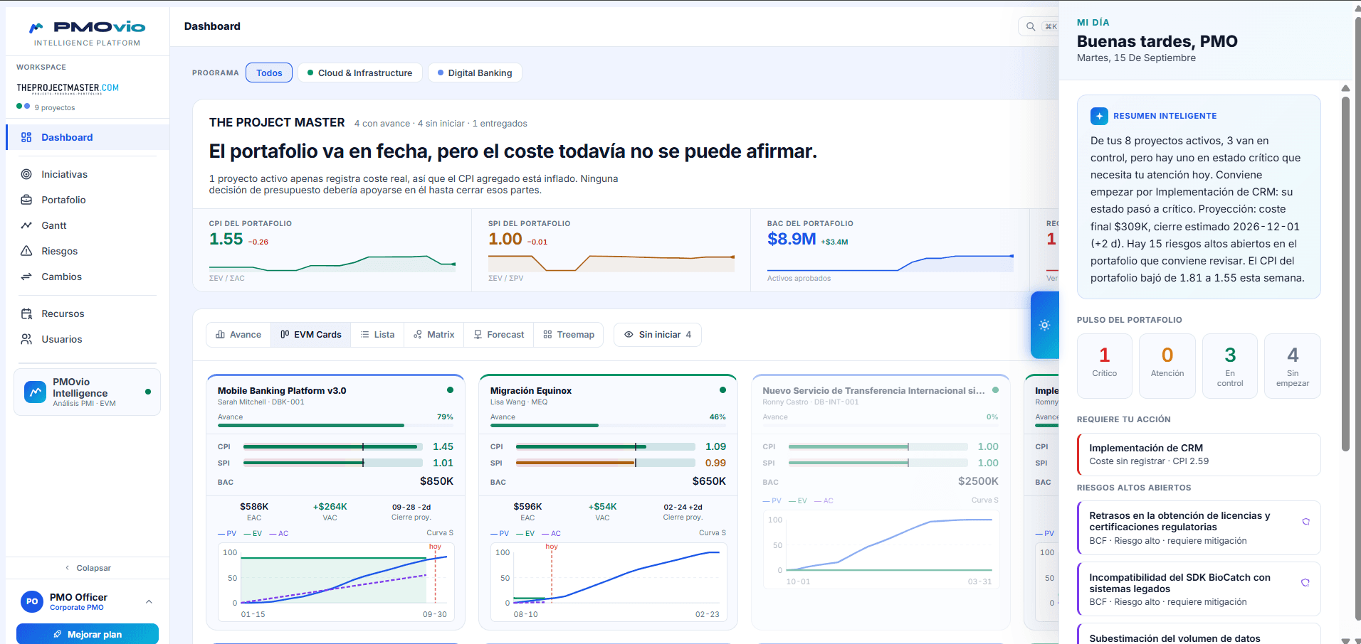 Panel Mi día de PMOvio con el resumen inteligente, el pulso del portafolio y los riesgos altos abiertos
